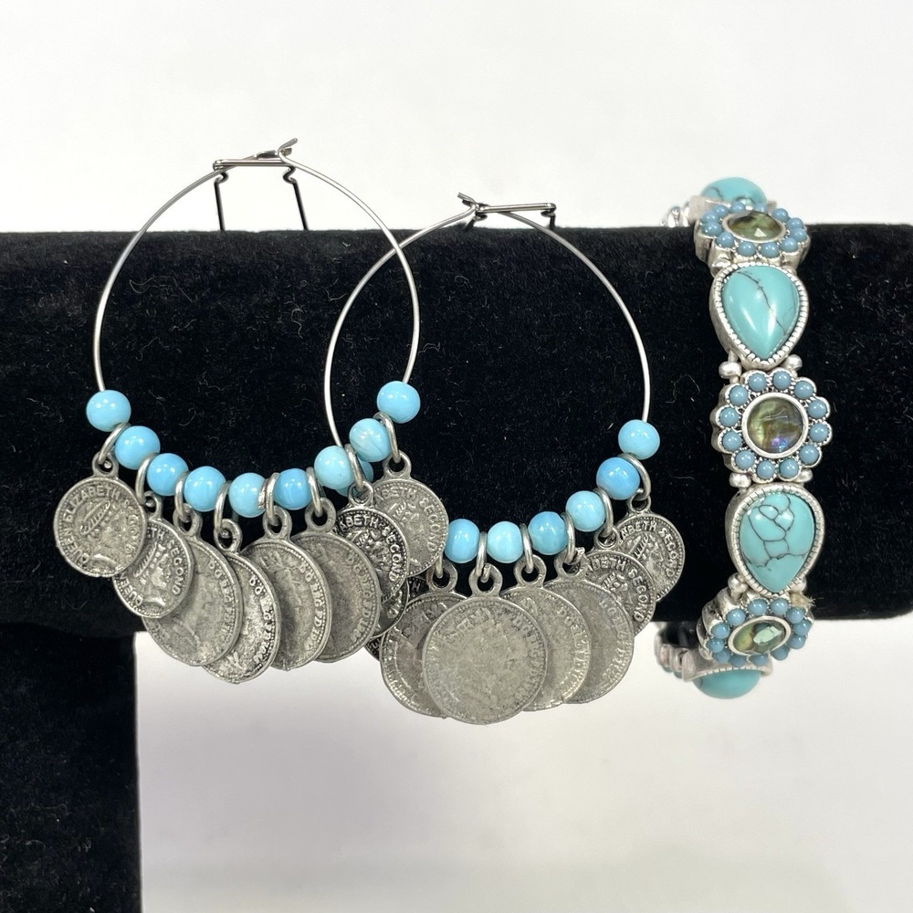 Turquoise Silver Tone Coin Dangle Hoop Earrings & Stretch Bracelet Boho Set